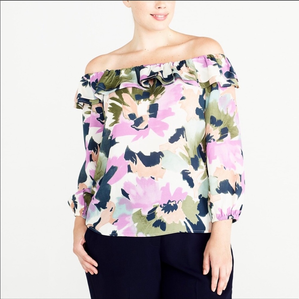 J. Crew Floral Off-Shoulder Blouse - Pink, Green, Blue
